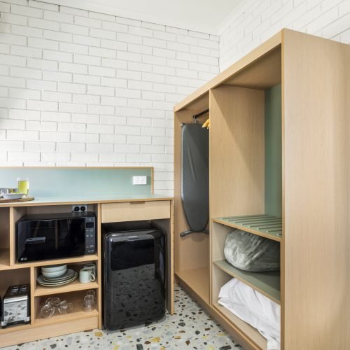 Wilsons Prom Motel | Queen Studio Robe fridge and tea coffee making area